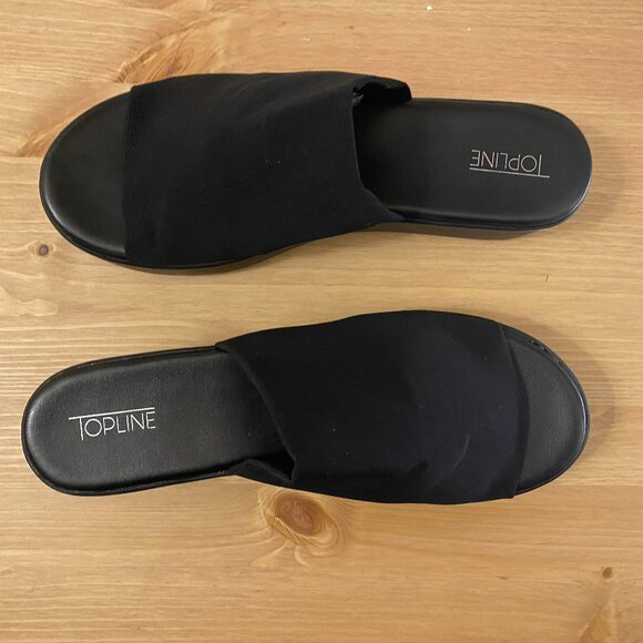 Black, platform, wedge fabric slide shoe. Platform height 1.75 inches, Size 10. - Picture 8 of 13